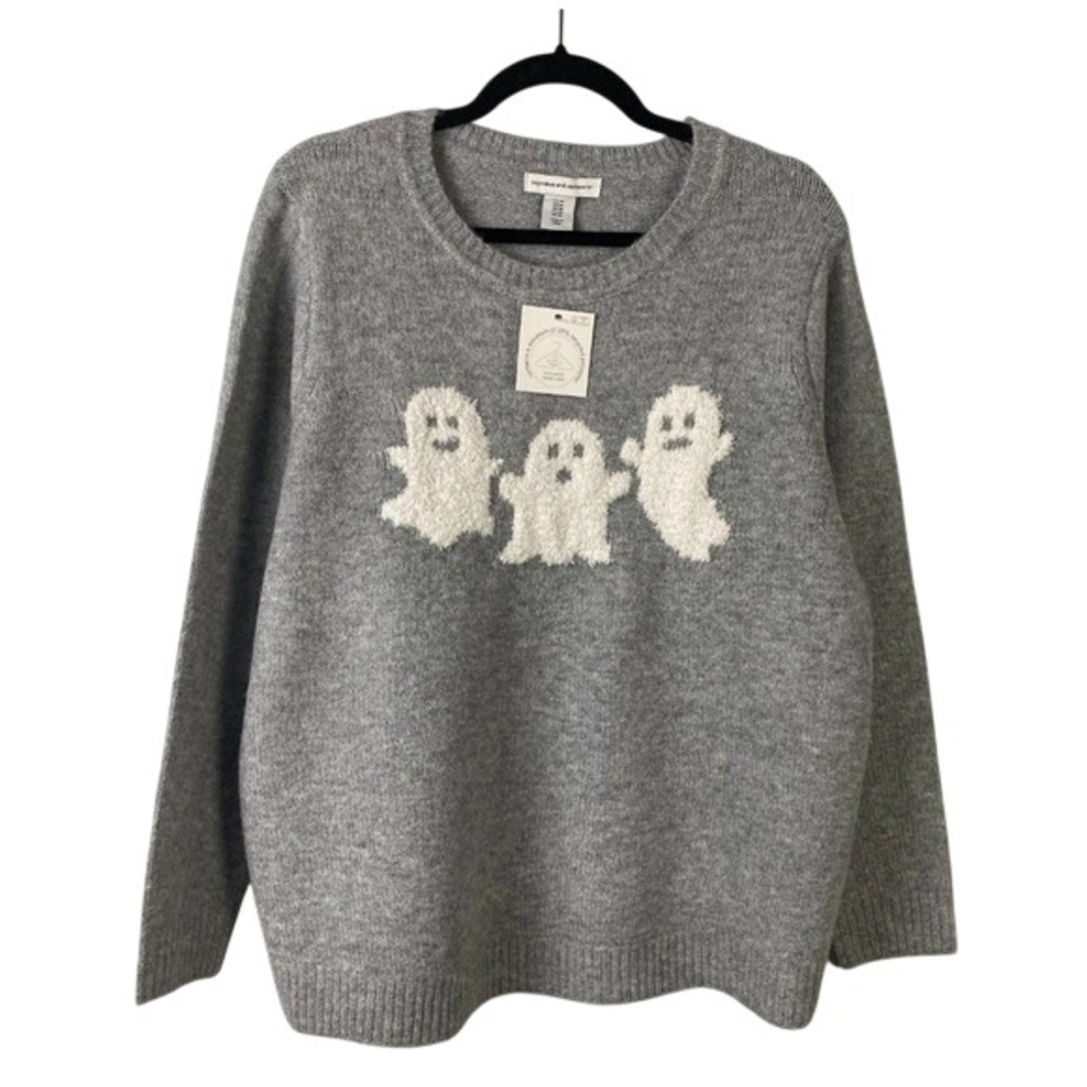 Cupcakes and Cashmere Gray Ghost Halloween Crewneck Sweater 1X Plus Size